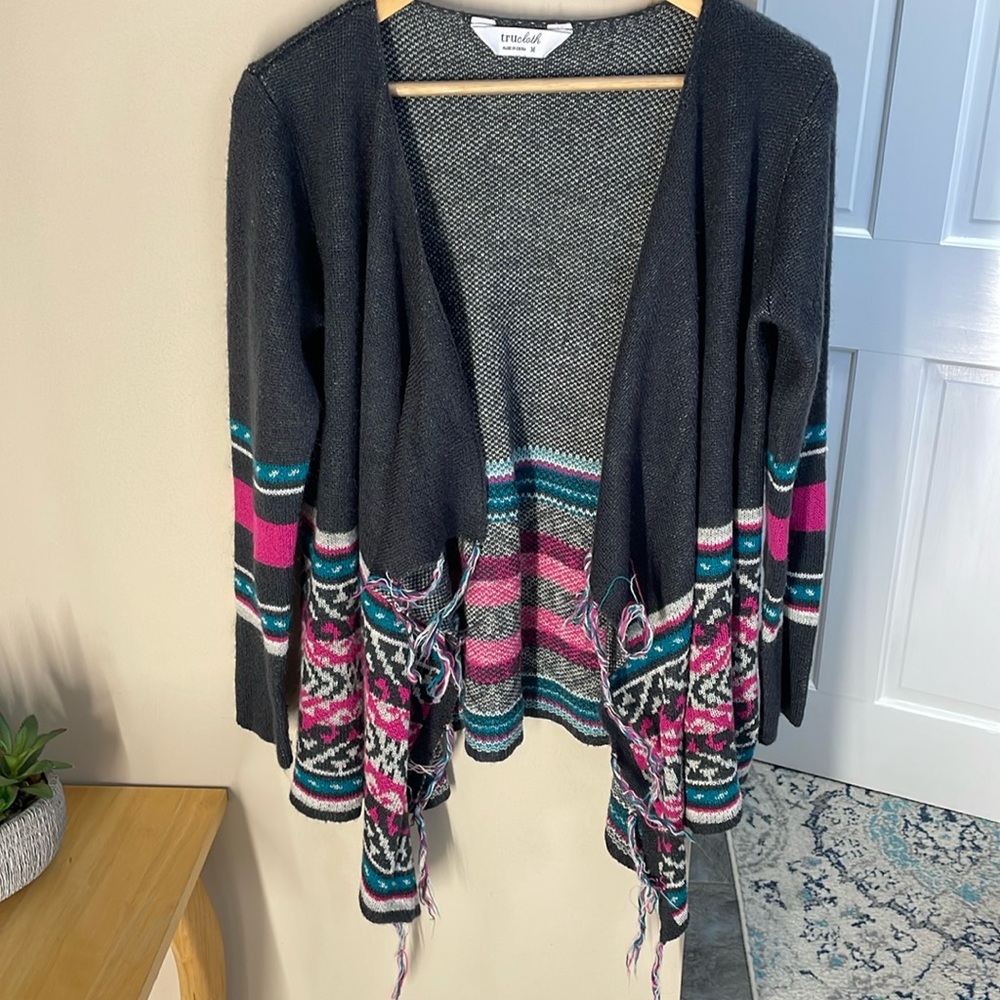 Tru Cloth open cardigan sweater with fringe